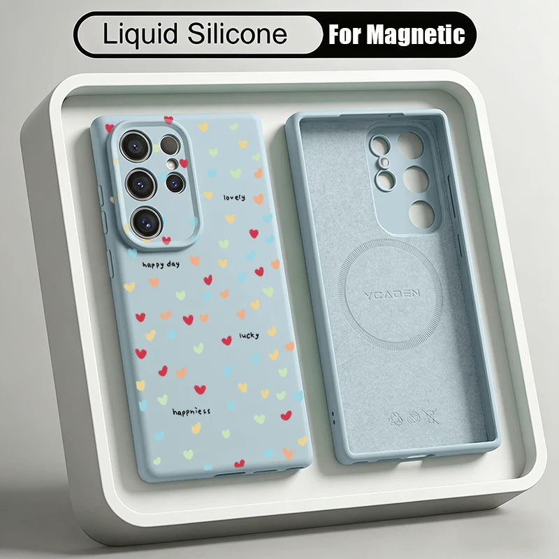 Liquid Silicone Magnetic Little Hearts Print Phone Case For Samsung Galaxy S26 S25 S24 S23 S22 Ultra Plus For Magsafe Soft Cover
