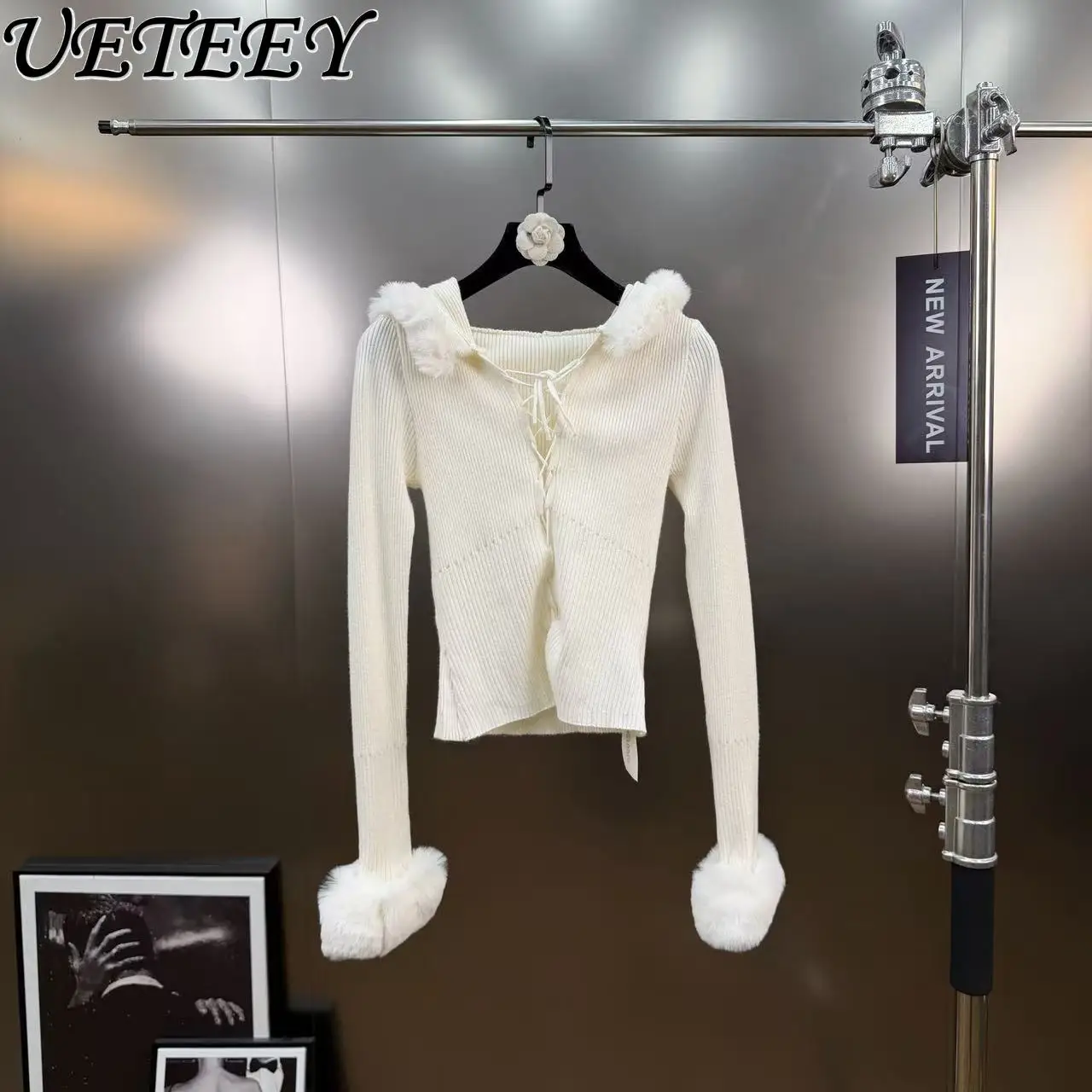 Gola peluda rendas camisola de malha primavera e outono novo macio aconchegante puro desejo estilo fino ajuste design com capuz curto topo pulôver