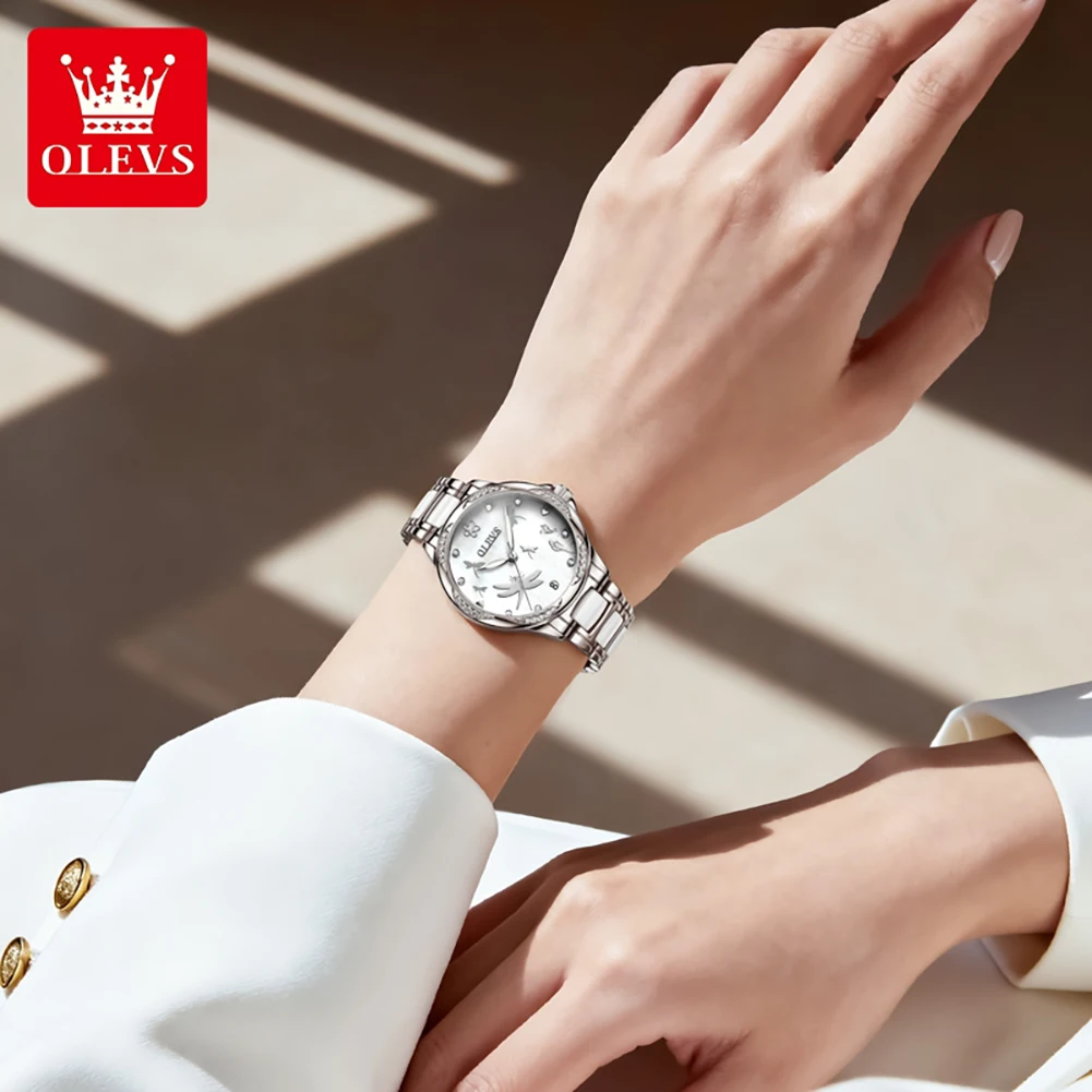 OLEVS 6610 Women's Mechanical Watches Elegant Ceramics Strap Ladies Watch Luxury Waterproof Luminous Function Watch for Women