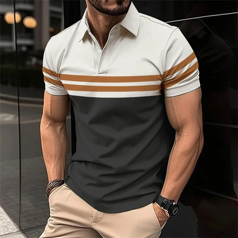 Colorful Striped Pattern Polo Shirt For Men Exquisite Leaves 3D Printed T-Shirts Fashion Casual Loose Street Lapel Tops Tees