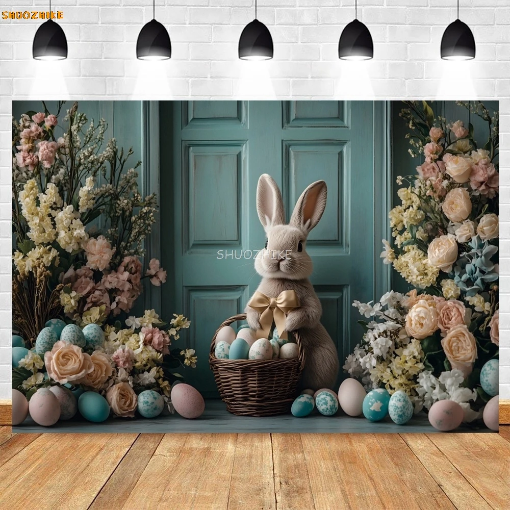 Happy Easter Rabbit Backdrop Spring Flowers Easter Eggs Birthday Party Decor Kids Portrait Photography Background Photobooth