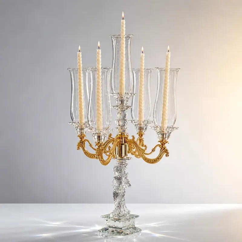 Golden Angel Statue K9 Crystal Candlestick 5 Arms, Windproof Hurricane Cover, Wedding Table Ornament, Deluxe Candlestick,