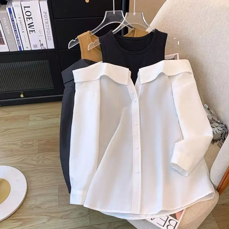 

Women False Two Piece Polo Collar Blouse Loose Tank Top Patchwork Long Sleeve Shirts Off The Shoulder Spring Pullovers Top 2025