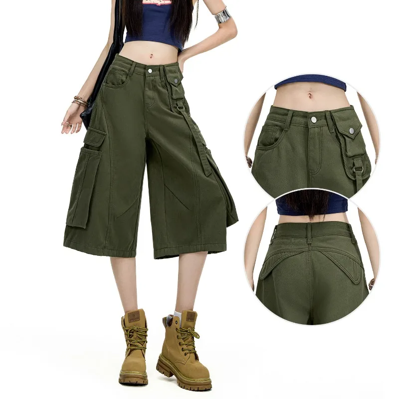 

Summer New Army Green Cargo Shorts Women 2026 American Style High Waist Loose Wide Leg Casual Streetwear Pants
