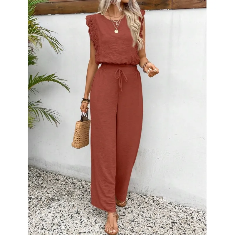 2025 verão calças de cor sólida conjuntos de duas peças feminino em torno do pescoço renda emenda voar manga calças senhoras terno para mulher deslocamento