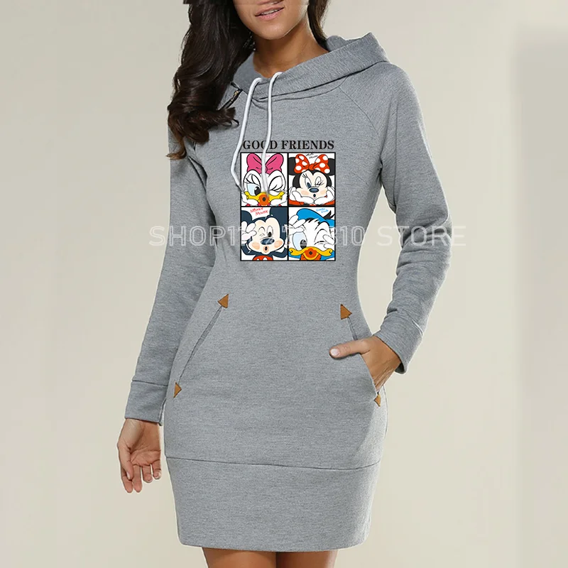 Mickey Minnie Mouse Sweatshirt Dresses New Hooded Zipper Pullover Medium Cute Cartoon WomenLong Dress Fashion Streetwear Gift