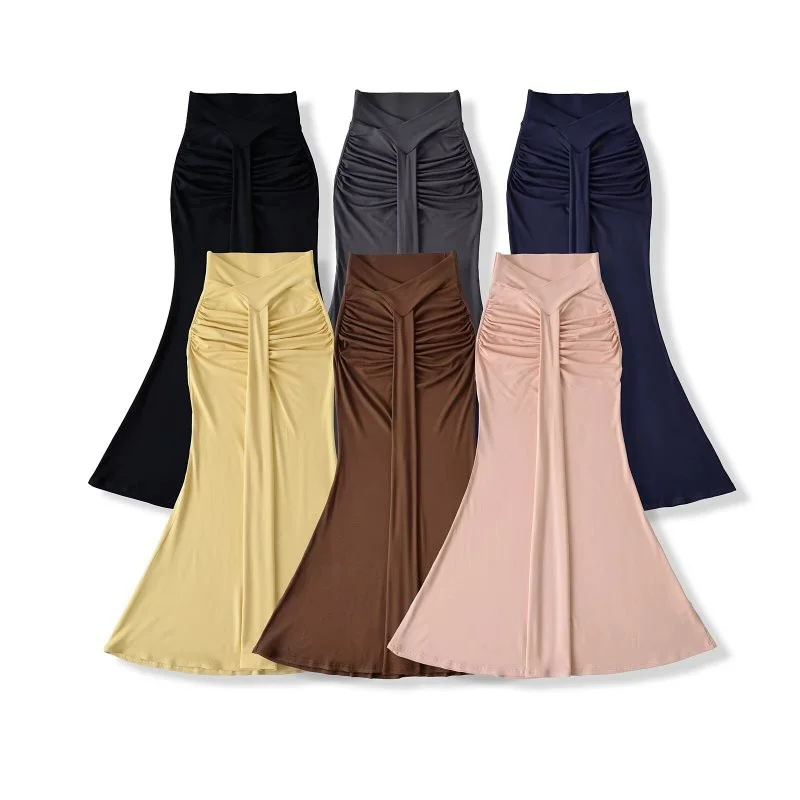 กระโปรงทรงเอความยาวปานกลาง ดีไซน์เซ็กซี่ เอวสูง ทรงเข้ารูป กระโปรงทรงหางปลา ผ้าโพลีเอสเตอร์ ดีไซน์คอวี สำหรับฤดูใบไม้ร่วงและฤดูหนาว