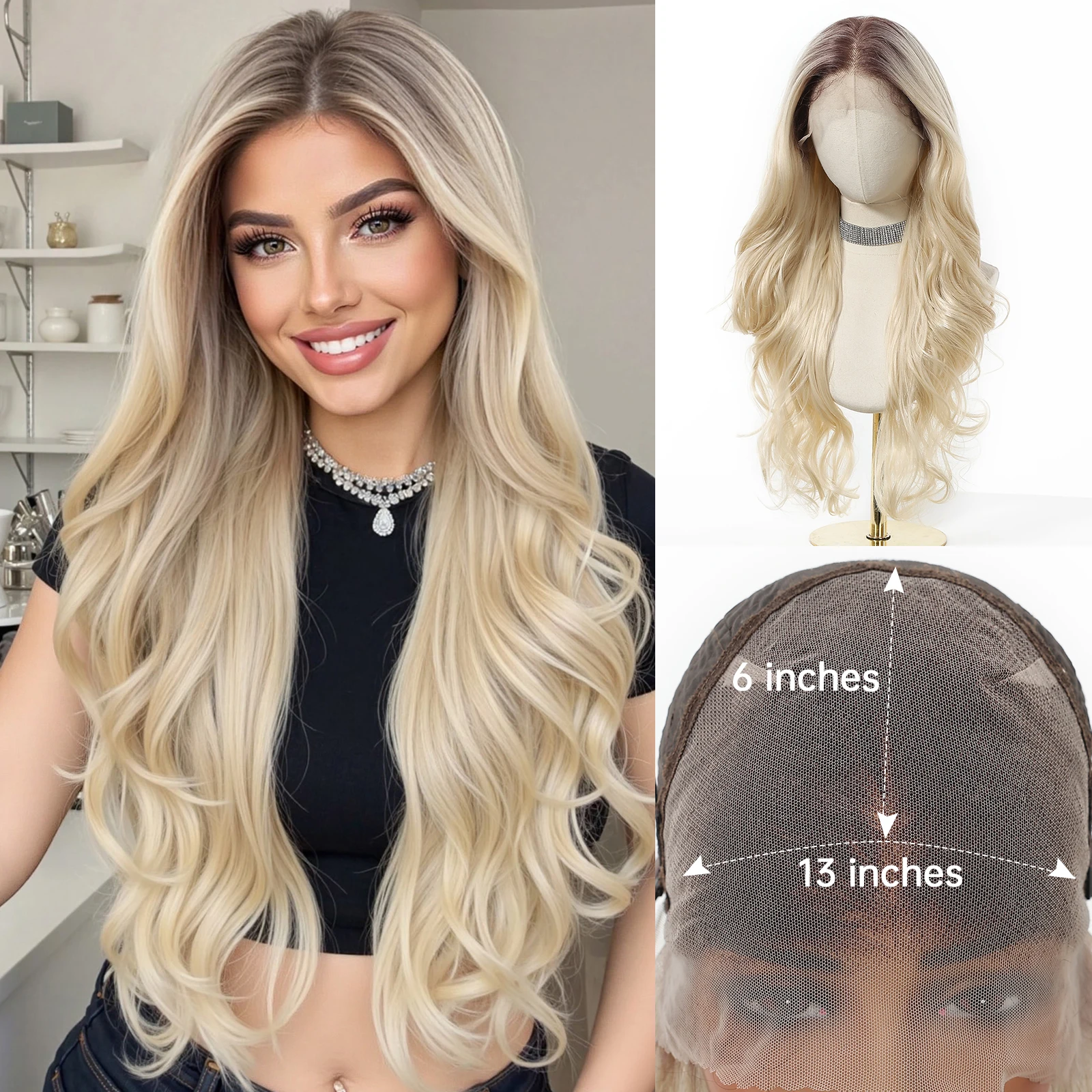

Long Wavy Curly Blonde Synthetic Lace Wigs For Women 26in Brown Blonde Ombre Lace Frontal Wigs Natural Hairline 13*6 Lace Wigs