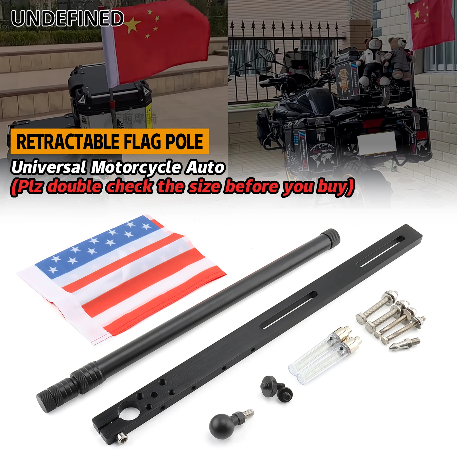 

Universal Motorcycle Auto Retractable America Flagpole Rear Seat Luggage Rack Mount Flag Pole Kit Silver Black Titanium-Red