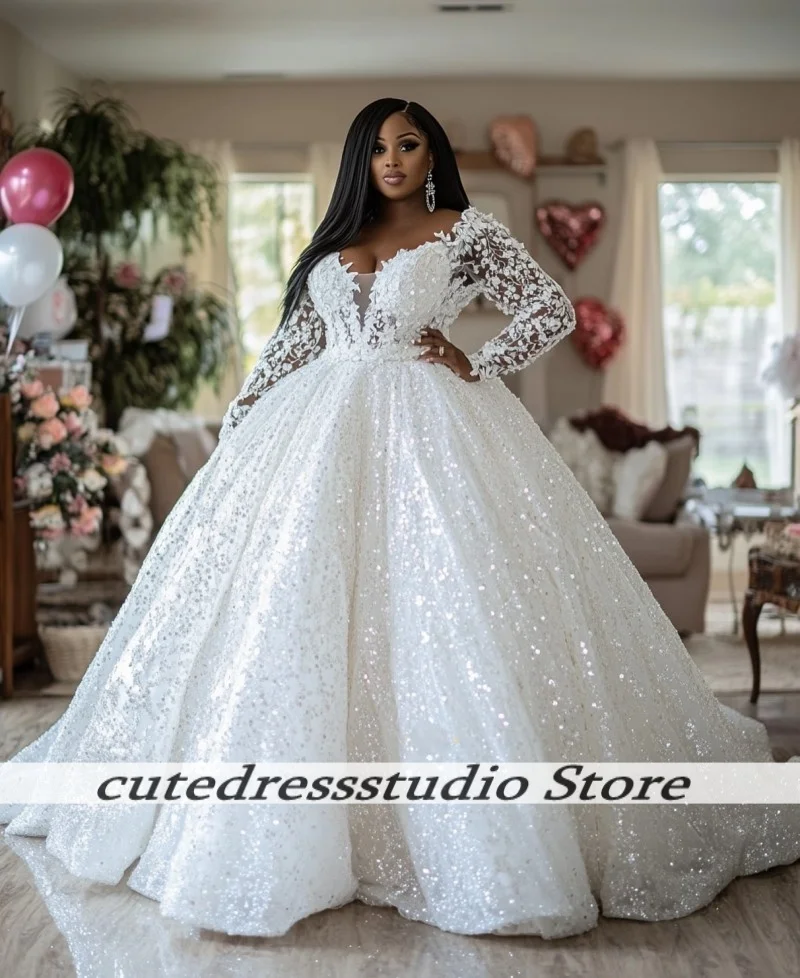 Elegante trouwjurken voor Afrikaanse meisjes Lange bruidsjurken Prachtige pailletten applique vestidos de novia luxe aangepast