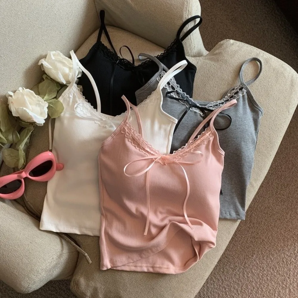 Waist-cinching Sleeveless Slim Lace Crop Top Y2k Sweet Girl's Vest Top Solid Color Bottoming Shirt Camisole with Pads Beach
