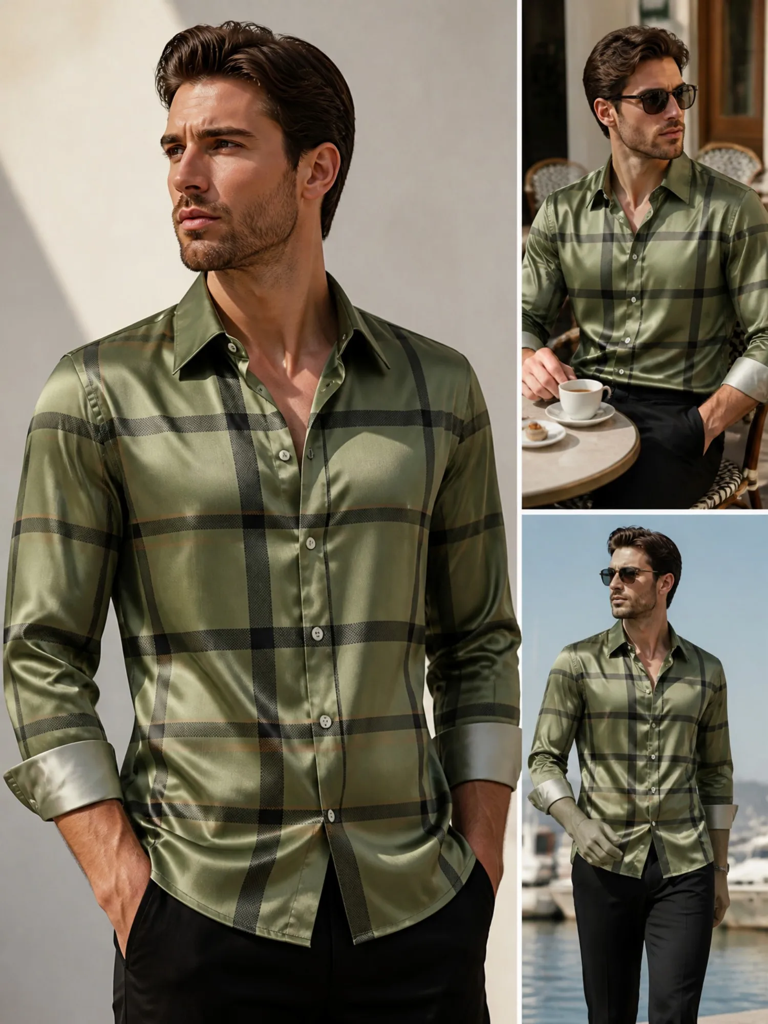 Mens Satin Long Sleeve Button Down Printed Dress Shirt Polished Glossy Fabric Commute For Workday Office Commute Business Wear