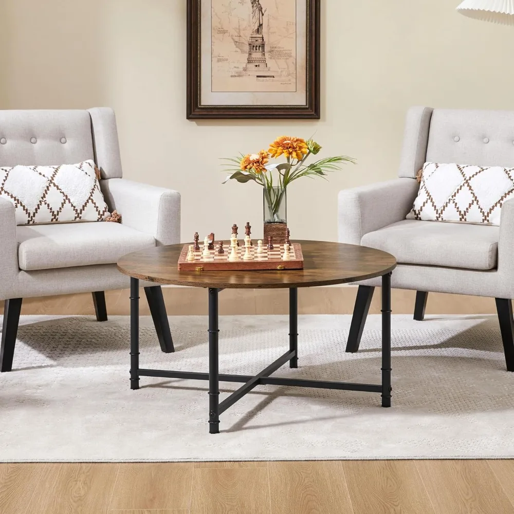 Rustic Circle Coffee Table with Modern Metal Legs for Living Room