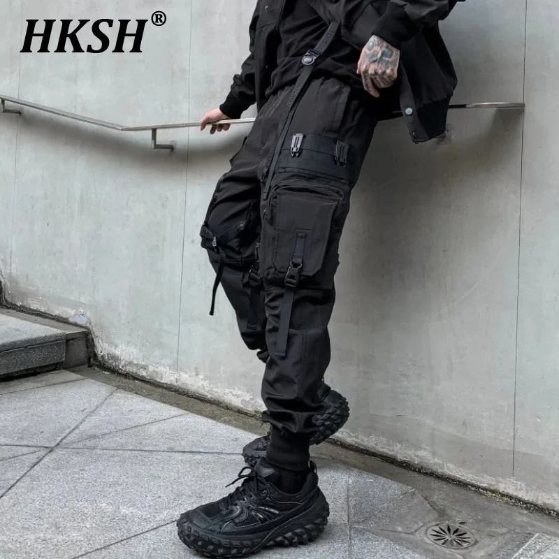 

HKSH Autumn Spring New Men's Tactical Safari Style Cargo Pants Dark Overalls Tide Fashion Loose Casual Pockets Techwear HK0011