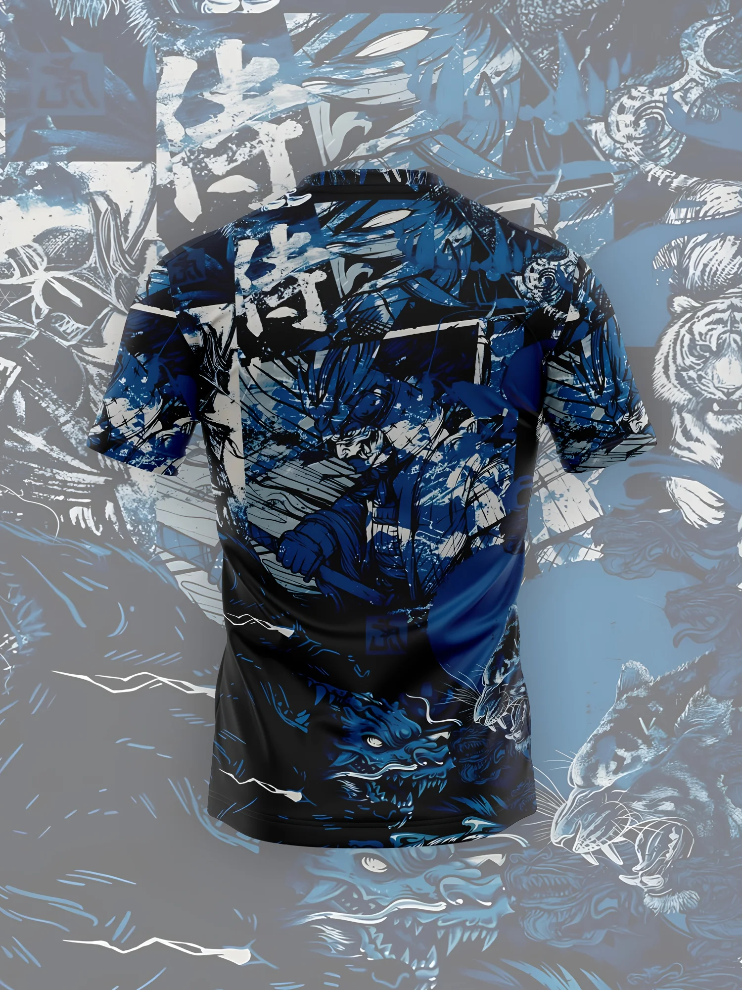 سويت شيرت رجالي مطبوع من Warrior بنمط هندسي أزرق/أبيض/أسود. نسيج بوليستر ماص للرطوبة. مناسبة لصالة الألعاب الرياضية #3