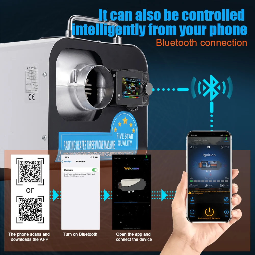 2-8KW 12V&24V&220V Three-In-One Horizontal Heater Set White Bluetooth Version Suitable For Indoor/Outdoor/Various Vehicle Models