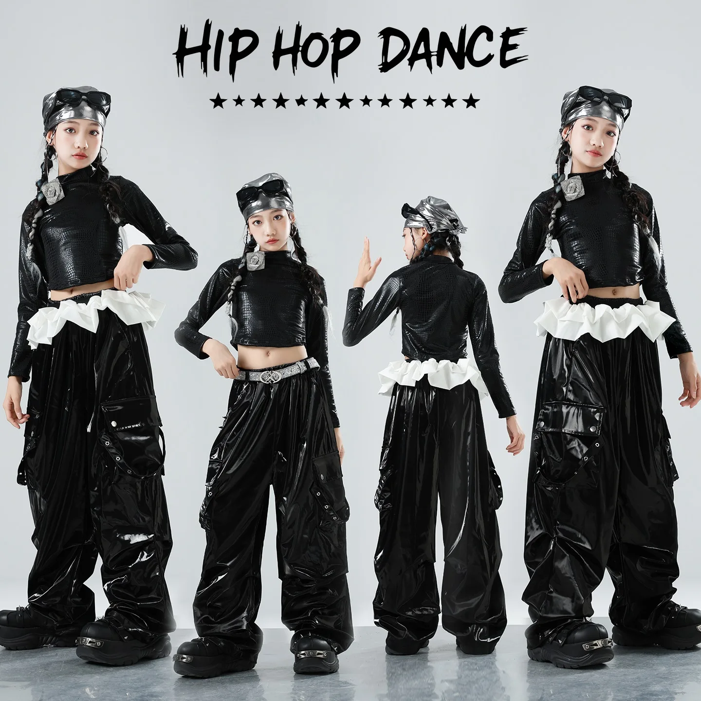 jazz-dance-girls-hip-hop-dance-costume-black-leather-navel-tops-pants-kids-kpop-outfit-catwalk-concert-stage-clothing-bl17134