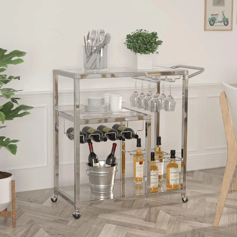 QSSLLC 3-Tier Bar Cart Glass Kitchen Serving Cart with Lockable Wheels, Handle, Wine Rack and Glass Holder