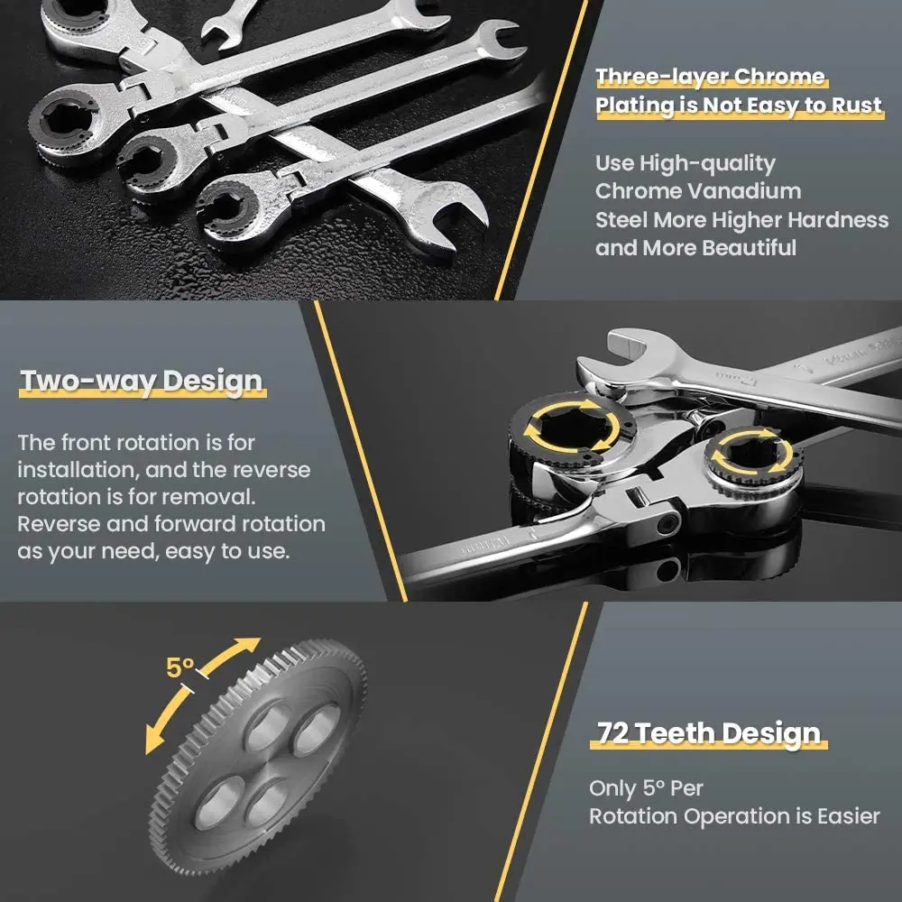 Binoax SAE Tubing Ratchet Wrench Set 72 Teeth Combination Oil Wrenches with Open Flexible/Fix Head Ratchet For Car Repair Tools
