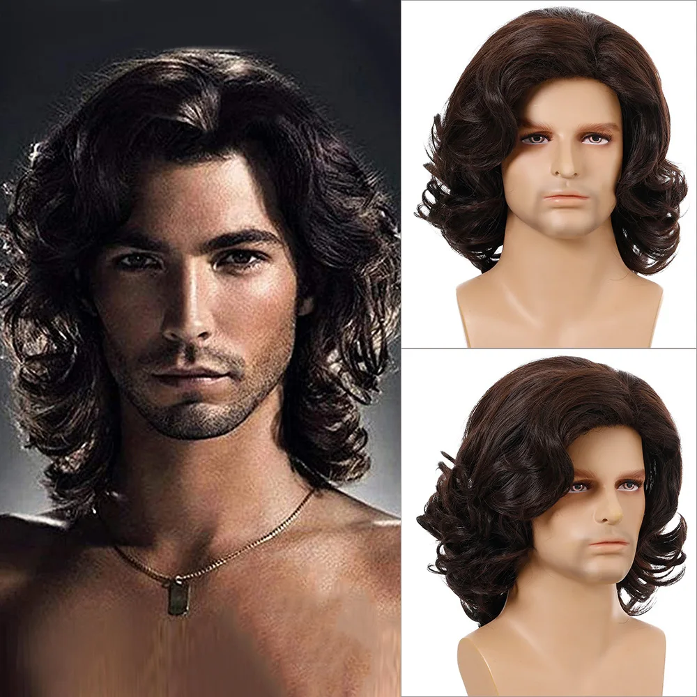 Synthetic Short Wavy Men’s Wig with Side Bangs Fluffy Cosplay Party Hairpiece Natural Look Daily Headwear