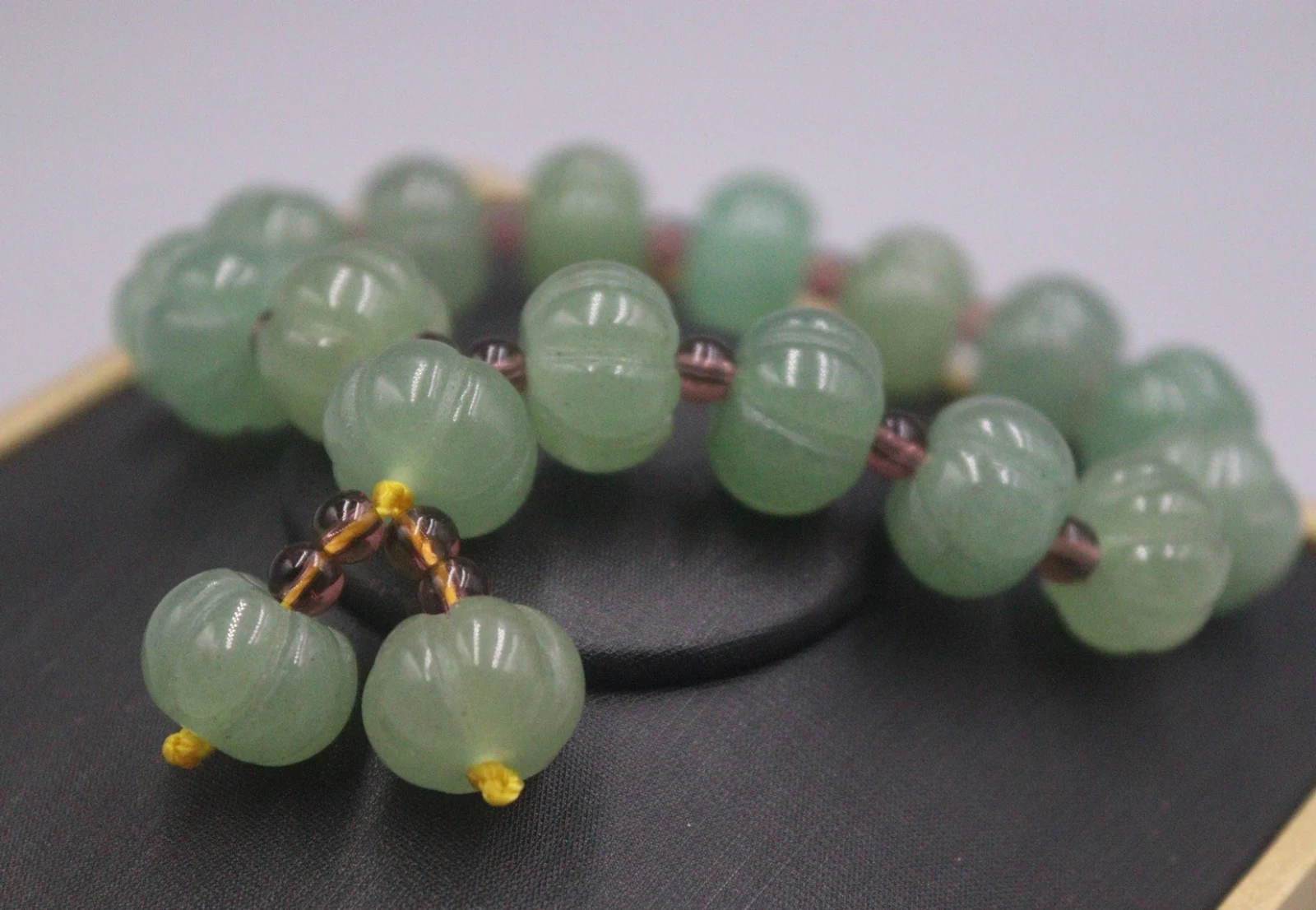 Natural Aventurine Jade Lucky Men Women 13mm Width Carved Pumpkin Beaded Bracelet
