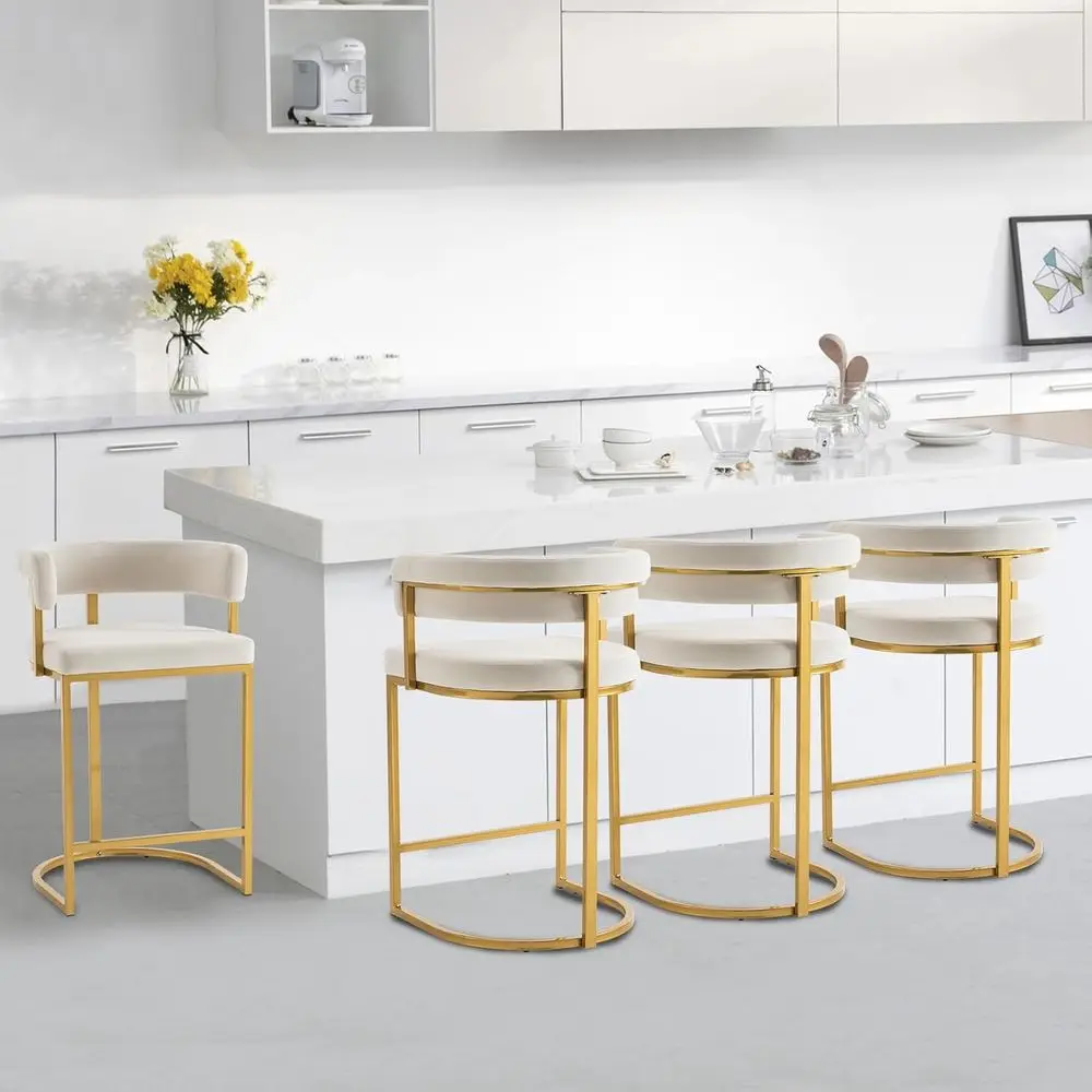 

Бежевые бархатные барные стулья из 4 предметов со спинками-бочонками, золотыми подставками для ног, высота сиденья 25,6 для прилавок и кухонных островов