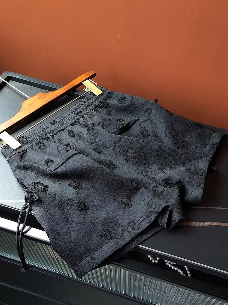 Zwart Vintage 3D Reliëf Jacquard Casual Vrouwen Zomer Nieuwe Chinese Stijl Hoge Taille Wijde Pijpen Shorts