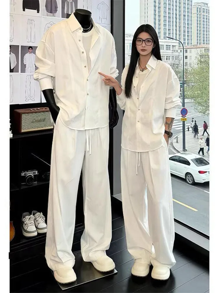 White Silk-Like Linen Men's Long Sleeve Shirt High-End Style Casual Sport Suit Set Autumn Collection Chinese Manufacturer