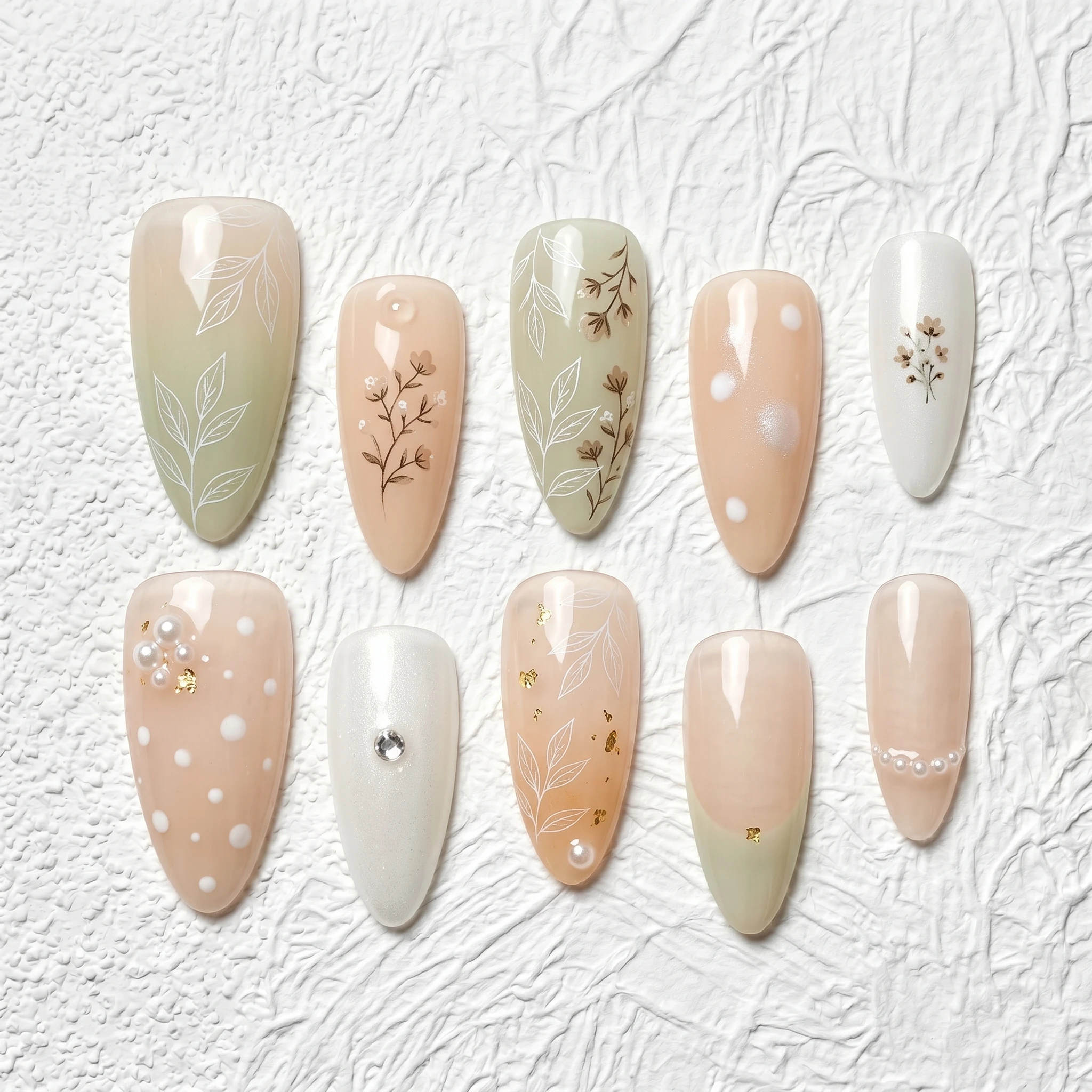 Artisan Handcrafted 10PCS Romantic Almond Press-On Nails | Floral Line Art, Pearls, Gold Leaf, Holiday Wear Salon Finish