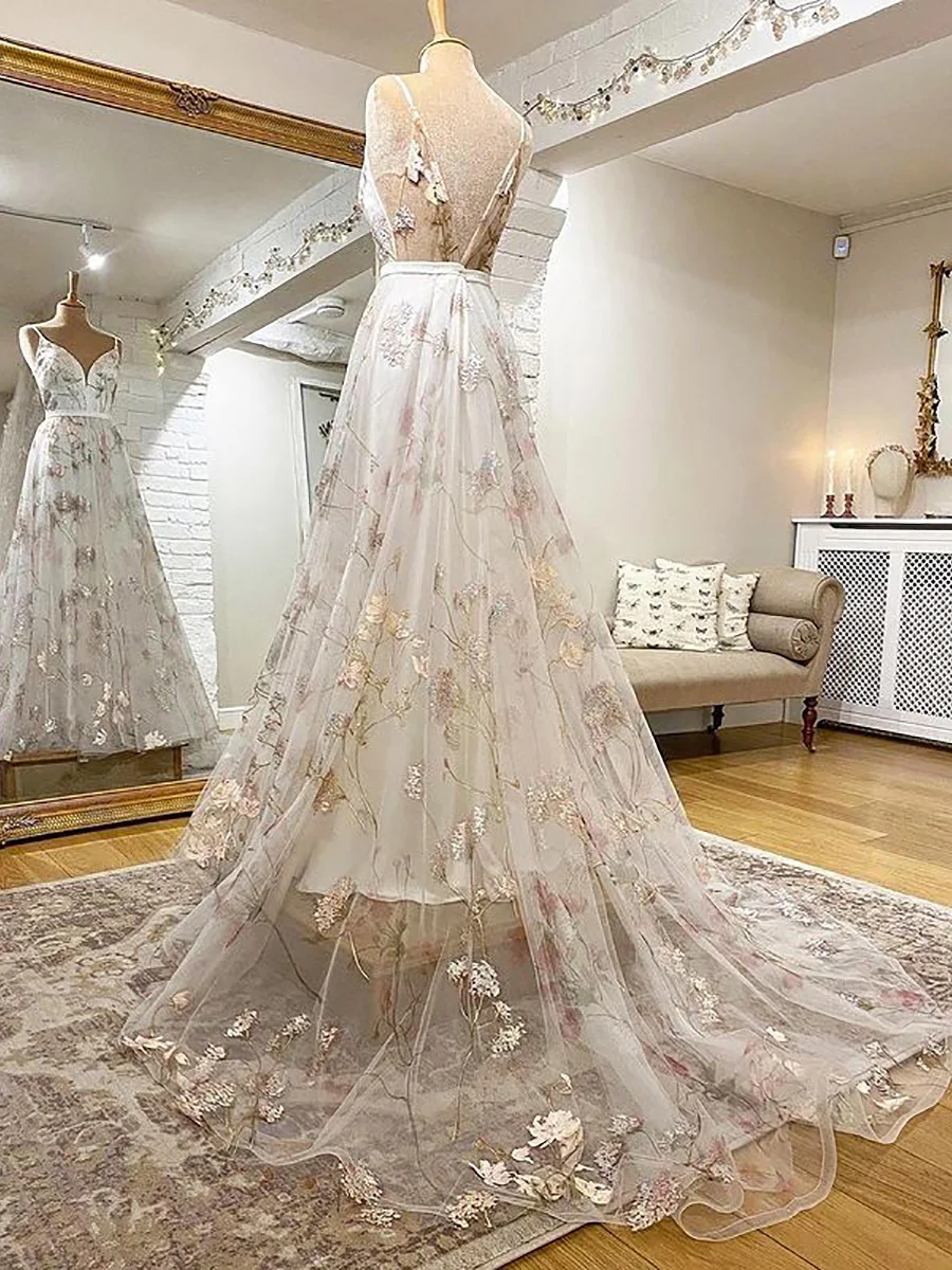 Vestidos de novia de corte en A con encaje y estampado Floral, sin mangas, estilo bohemio