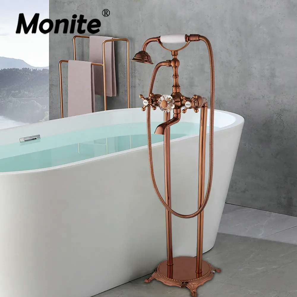 Monite Rose Golden Bathroom Shower Set Solid Brass Floor Mounted Freestanding Bathtub Bath Filler Tub Faucet Set w/ Hand Shower