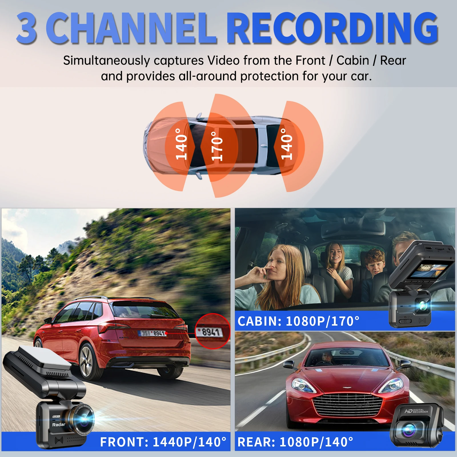 TIESFONG A7WB 3 Channel 360° Dash Cam with 24H Parking Mode, 4K/2K Front+1080P Inside/Rear for GPS/WiFi Car DVR,IR Night Vision