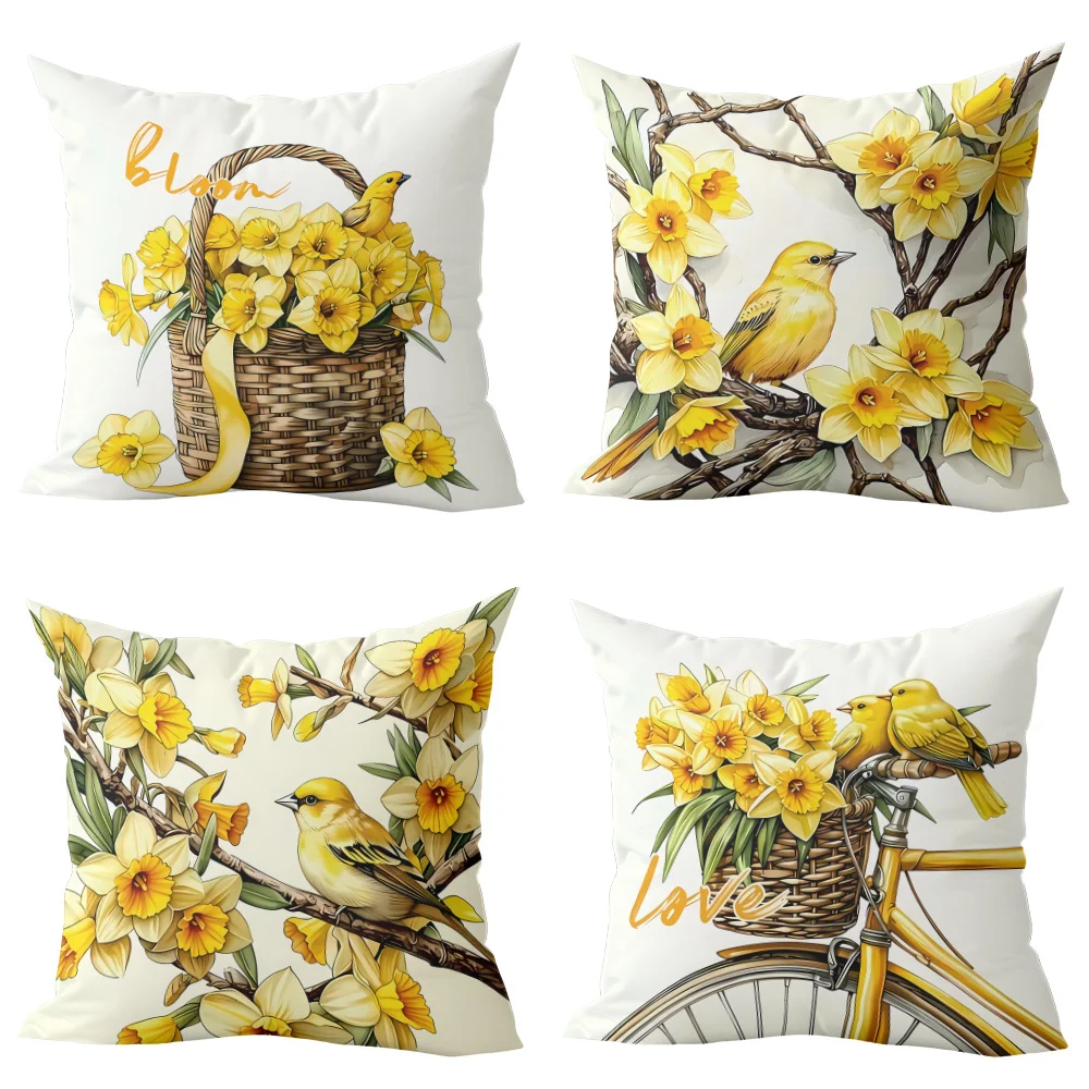 4pcs Daffodils and Birds Design Pillowcases, Blooming with Vitality - Featuring Flowers in a Basket,   Insert Not Included