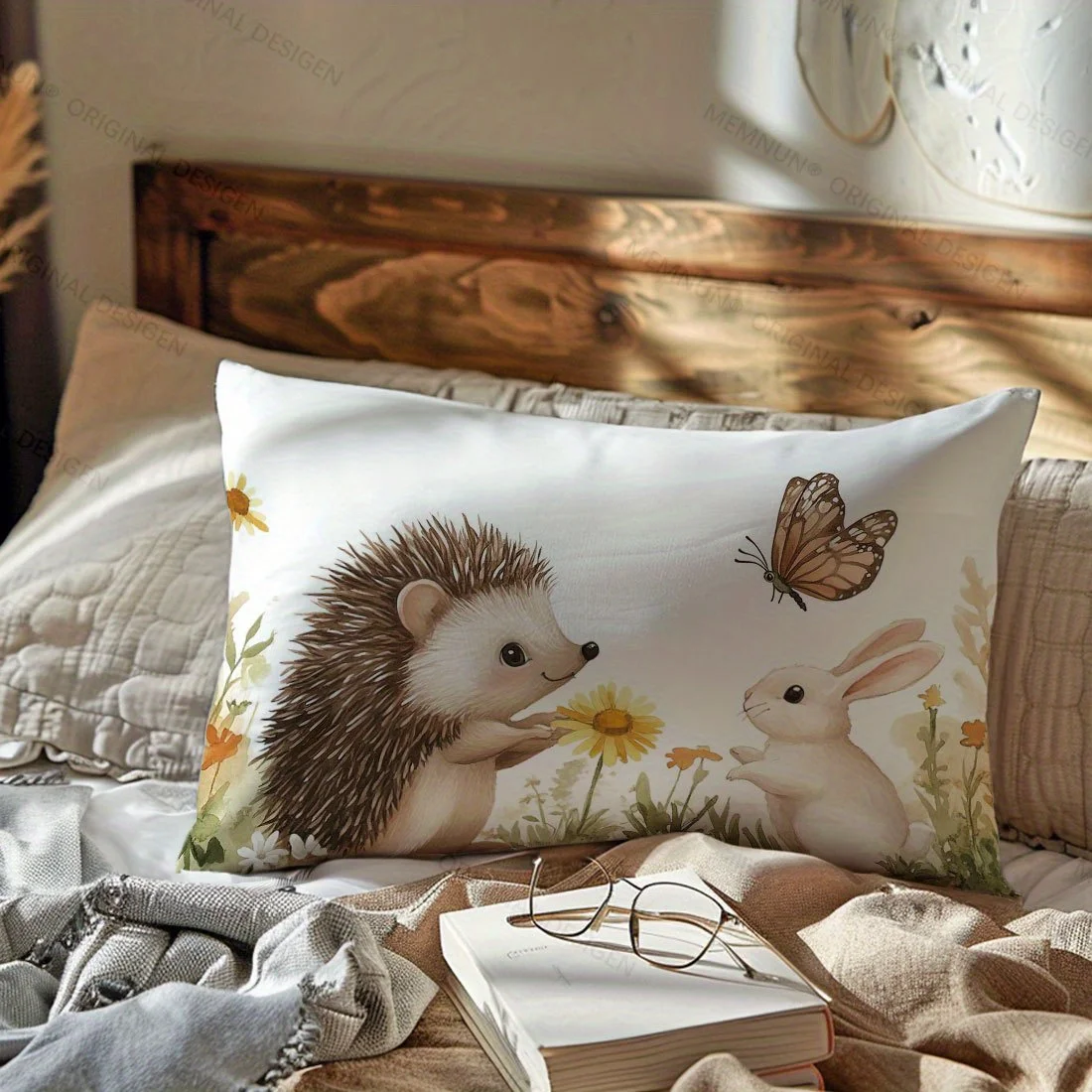 1pc Cute Hedgehog Rabbit Butterfly Print Lumbar Pillow Cover,Suitable for Sofa,Bedroom,Living Room,Sweet Gift for Animal Lovers