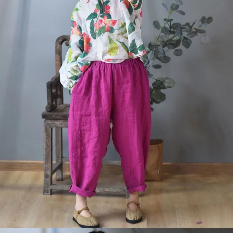 Women's Spring and Autumn Long Pants Wide Leg Elastic Waist Radish Pants Literary and Artistic Retro Short Leather Versatile New