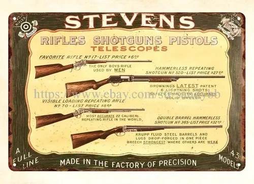 Calcomanías de pared con diseño de pistolas, escopetas y rifles Stevens, municiones y metal, letrero de estaño.