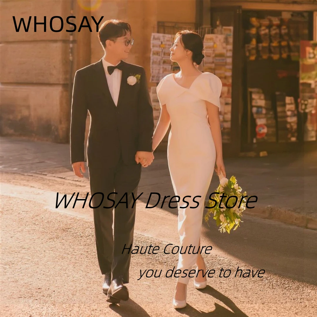 WHOSAY Ankle Length Dresses for Prom V Neck Short Sleeves Holiday Party Photograph Shoot Wedding Banquet Dress for Korea Women