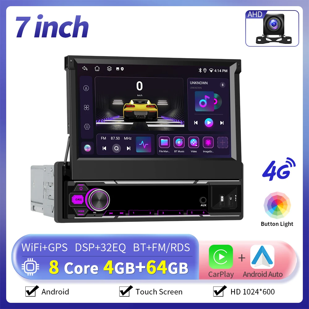 Camecho 6 + 128G 1 Din Autoradio 7 "Intrekbaar Scherm Android Autoradio Carplay Auto GPS Stereo 1Din Multimedia Speler Wifi 4G