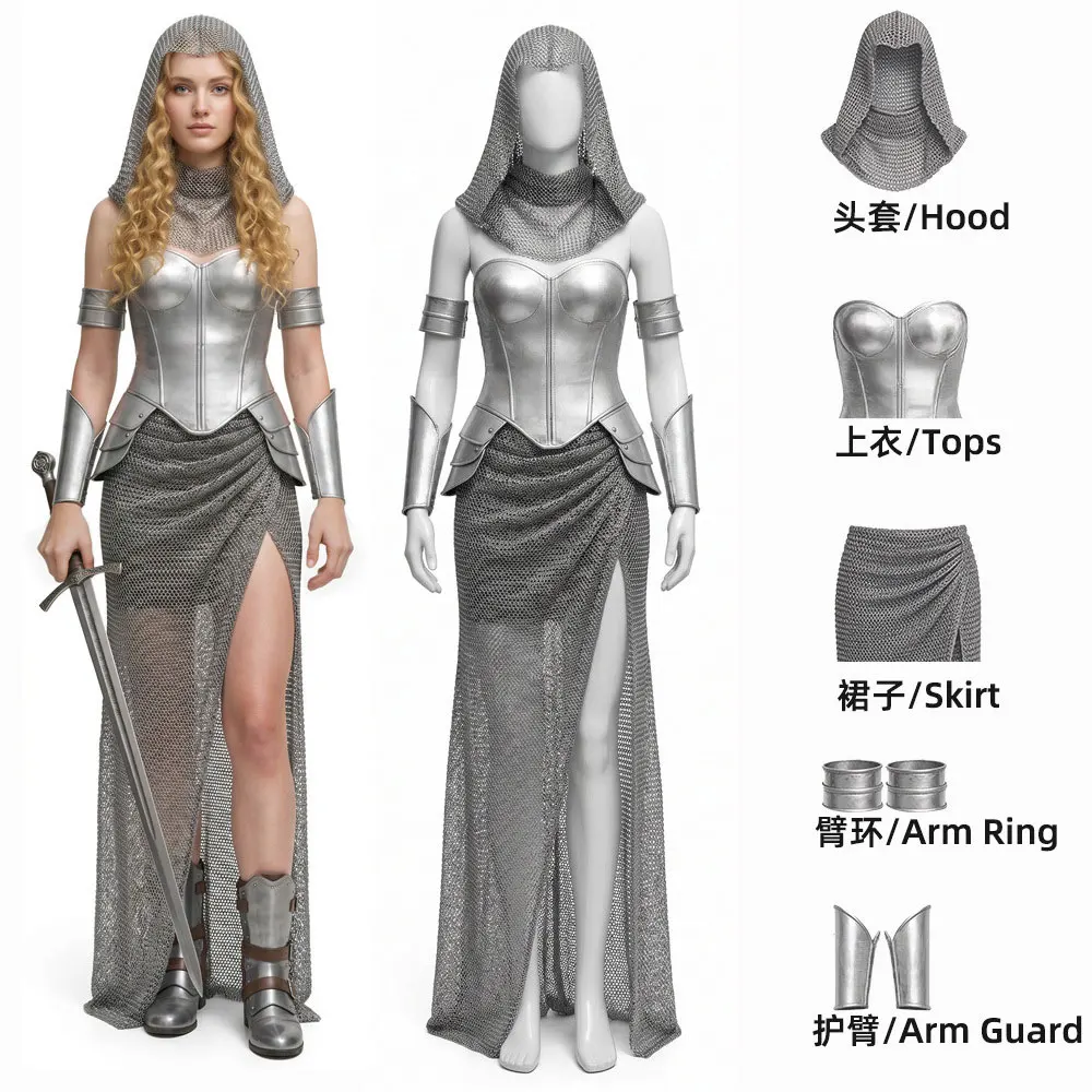 Medieval Women Knight Cosplay Retro Chain Mail Hooded Armor Top Skirt Bracelet Outfits Halloween Carnival Party Suit for Female