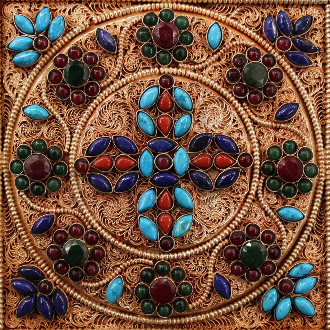 30cm Nepal Handmade Tibetan Silver Cross Vajra Mandala Thangka Wall Hanging Gem Inlaid Home Decor