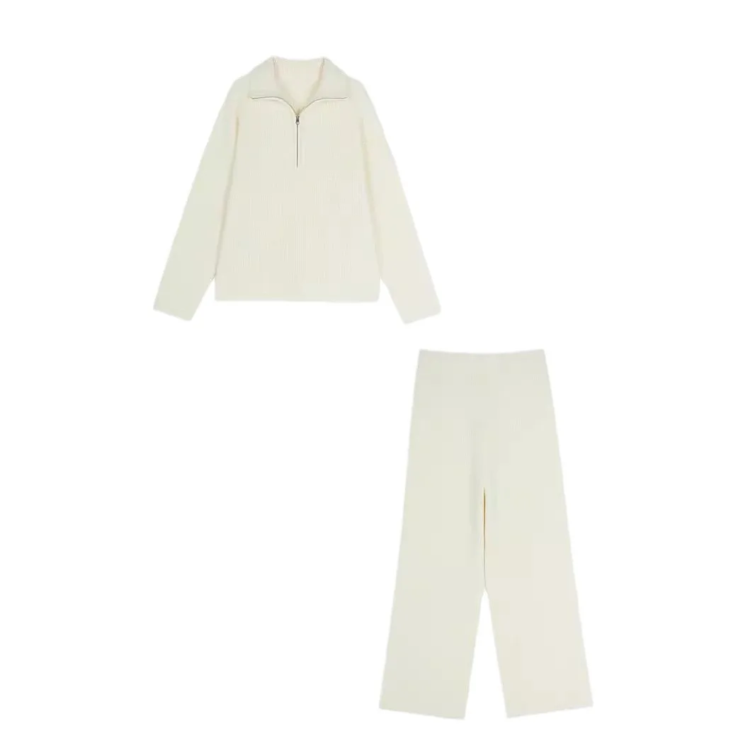 Women Pant Sets Loose Knitted Two Pieces Set Sweater Set Zipper Turn Down Collar Y2k Tops Wide Leg Elastic Waist Pants Suits