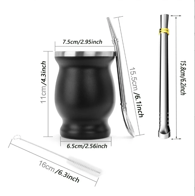 230ML 304 Stainless Steel Mate Cup Double Wall 8oz Portable Tea Mug Mate Gourd with Bombillas and Cleaning Brush