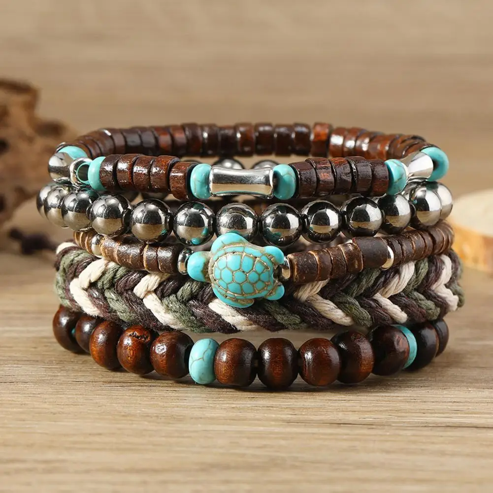 5 Pcs Braided Bracelet Set Weaving Wooden Bead Decor Turtle Pendant Bohemian Faux Turquoise Stone Stone Bracelet Wrist Jewelry