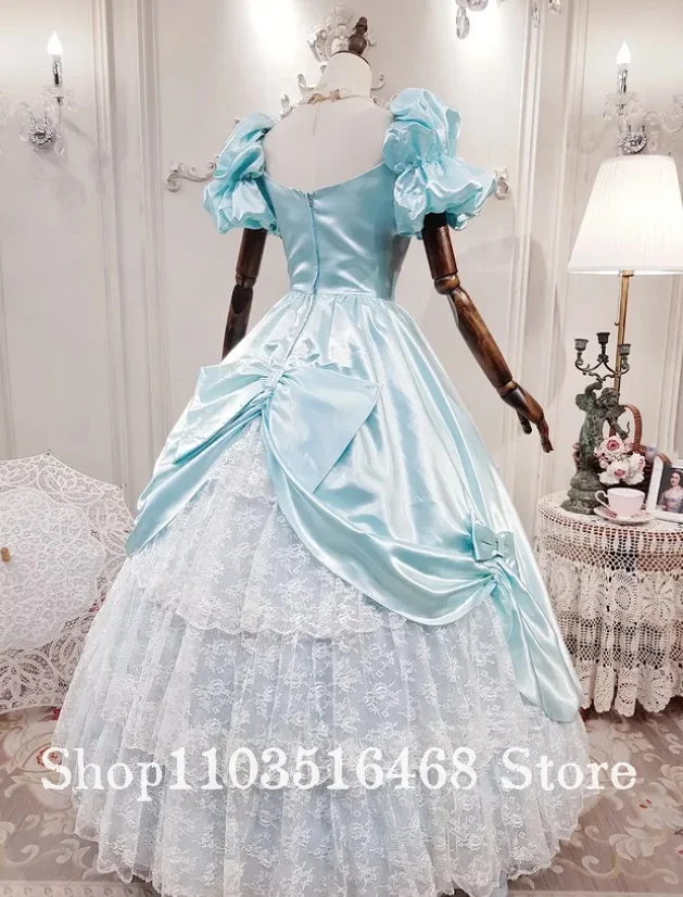 Vestidos de fiesta de seda azul personalizados, zapatos de cristal, fiesta de juegos de rol, lazo de encaje, vestidos de noche de princesa, vestidos de graduación de Halloween