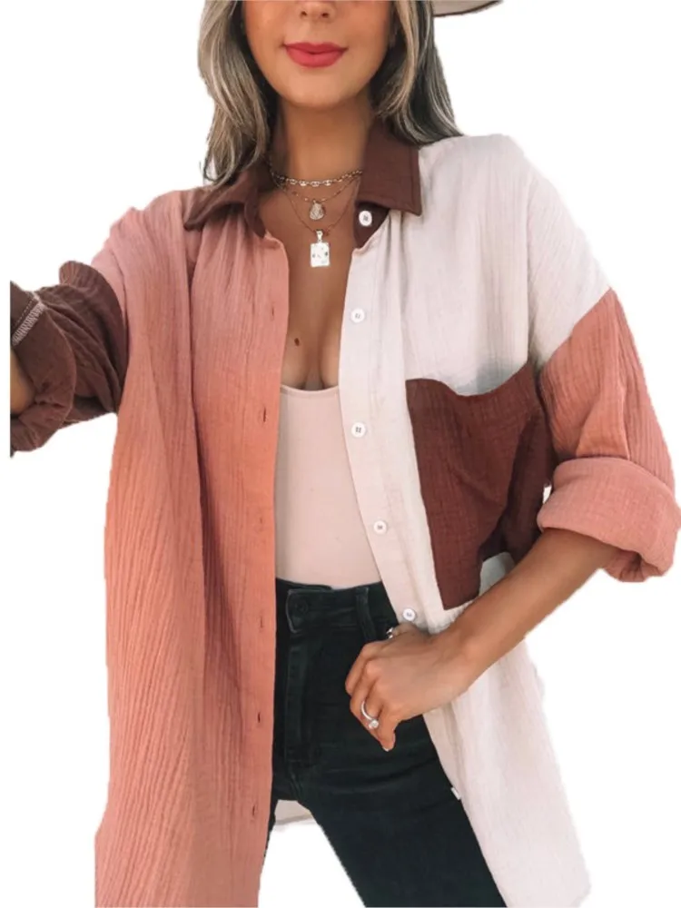 2024 Autumn New Women\'s Fashion Button Multi Color Splicing Long Sleeve Flip Tie Pocket Cardigan Women\'s Color Blocked Shirt