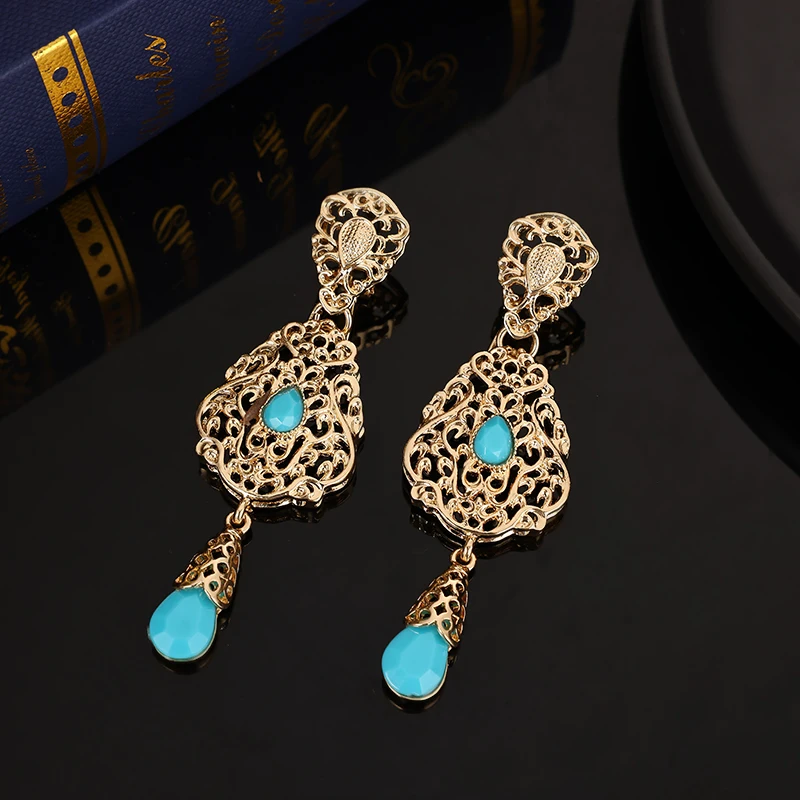 Luxury Moroccan Metal Earrings Women's Wedding Jewelry Earrings Pendant French Hook Design Colorful Rhinestone Mosaic