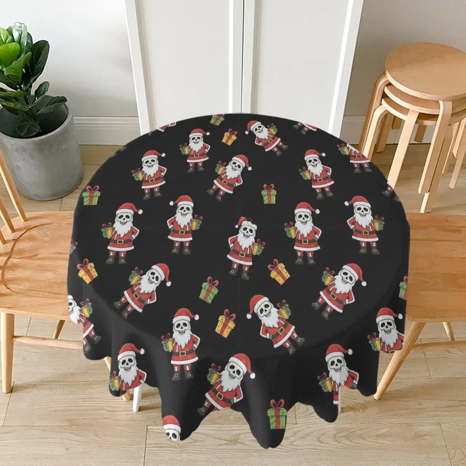 Water Resistant Washable Polyester Tablecloth Compatible with Halloween Christmas Santa Skull Skeleton Black