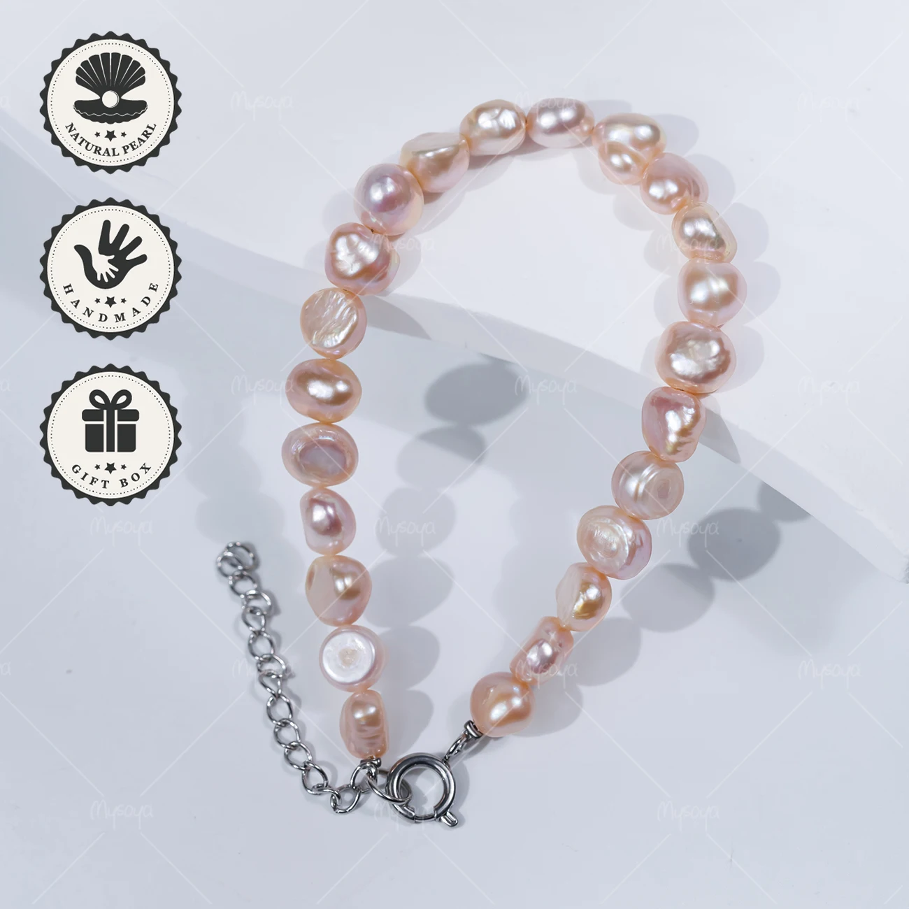 

Браслет MYSOYA из пресноводного жемчуга барокко розово-лавандового цвета 6-7 мм с серебристой застежкой-пузырьком в подарочной коробке на день рождения, день святого Валентина