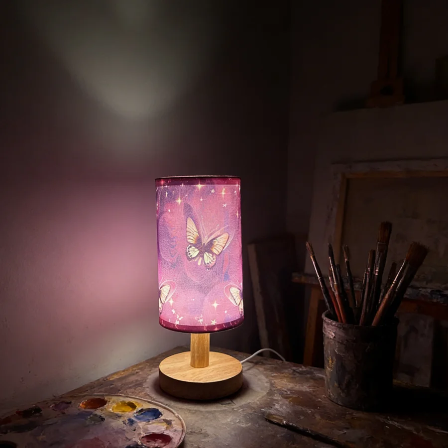 Pink Butterfly Starry Table Lamp with Wooden Base - Fantasy Bedroom Night Light for Creating a Relaxing Atmosphere