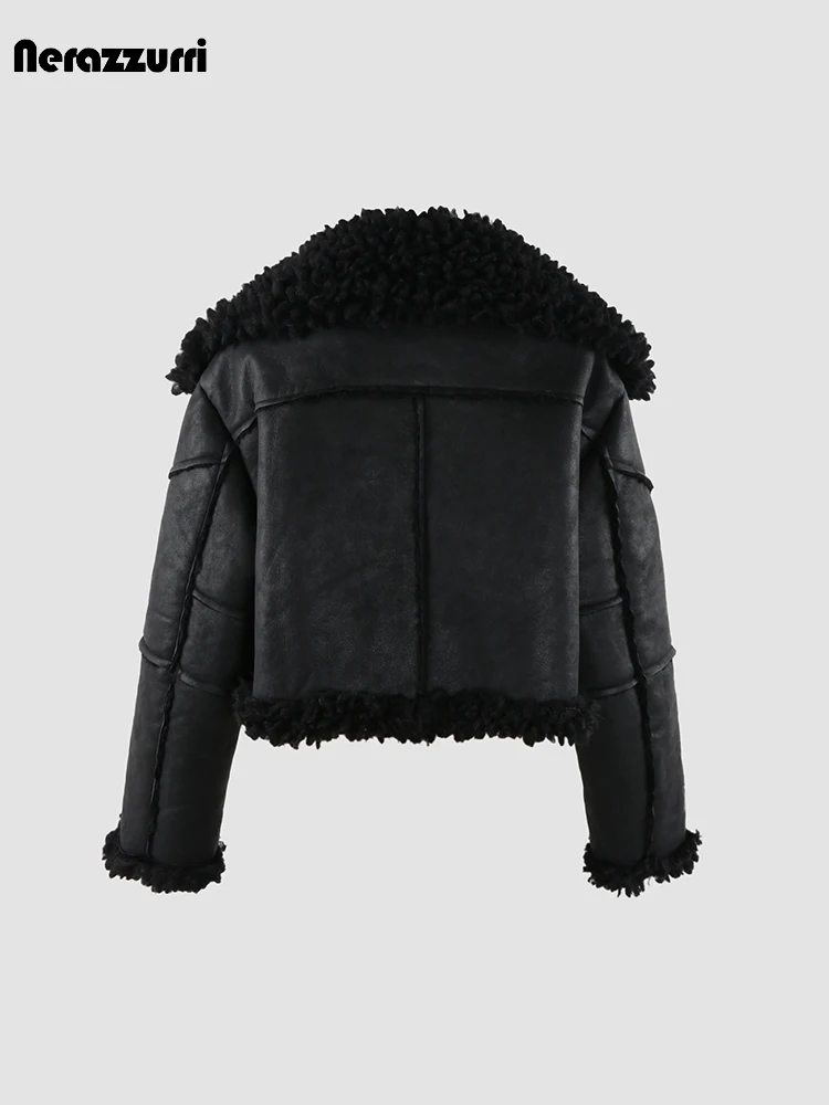 Nerazzurri Autumn Winter Short Black Thick Warm Faux Sheepskin Coat Women Loose Luxury Designer Clothes 2024 Fuzzy Fluffy Jacket